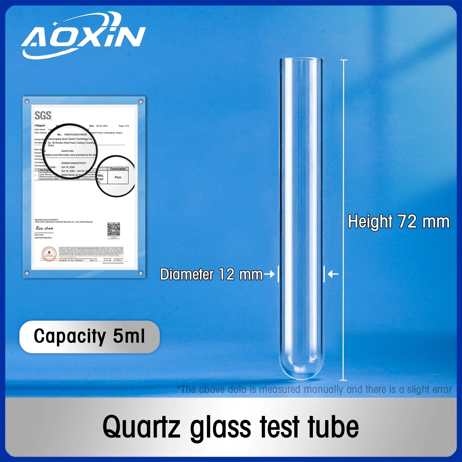 Diameter 12mm x Height 75mm-Capacity 5ml-quartz test tube