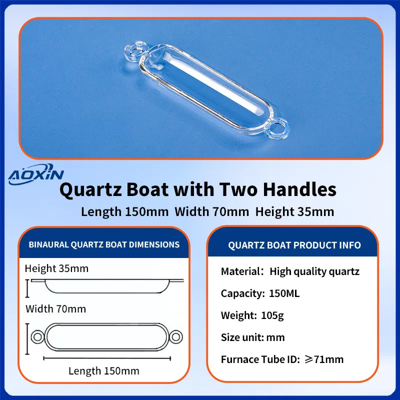 150 ML-Length 150mm x Width 70mm x Height 35mm -Quartz Boat with Two Handles