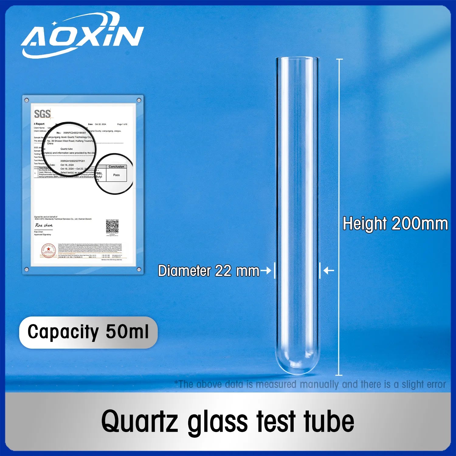 Diameter 22mm x Height 200mm-Capacity 50ml-quartz test tube