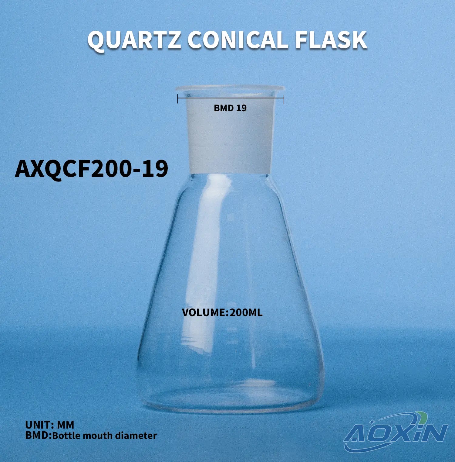 200ml (ND 19mm x BD 73mm x H 130mm)#19-Quartz conical flask