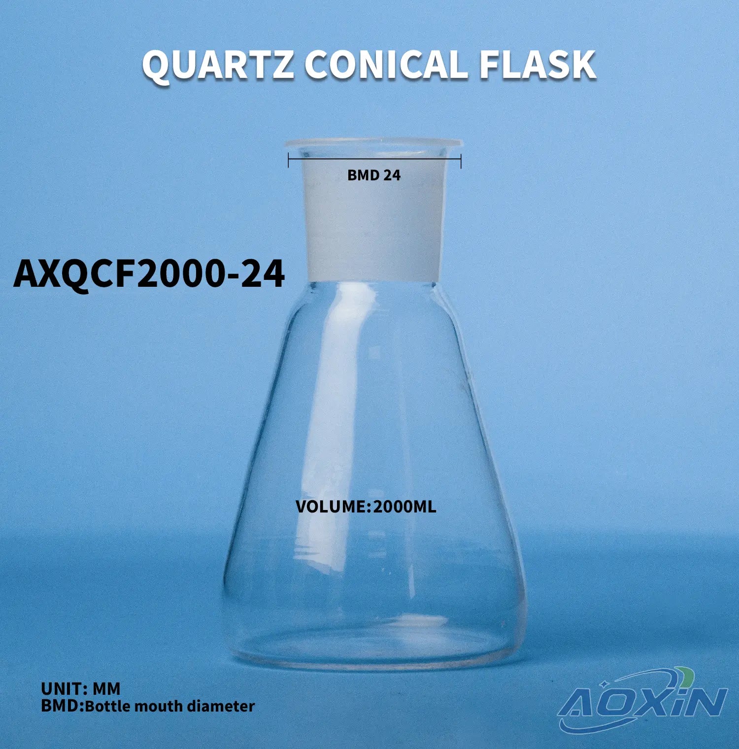 2000ml (ND 24mm x BD 160mm x H 290mm)#24-Quartz conical flask