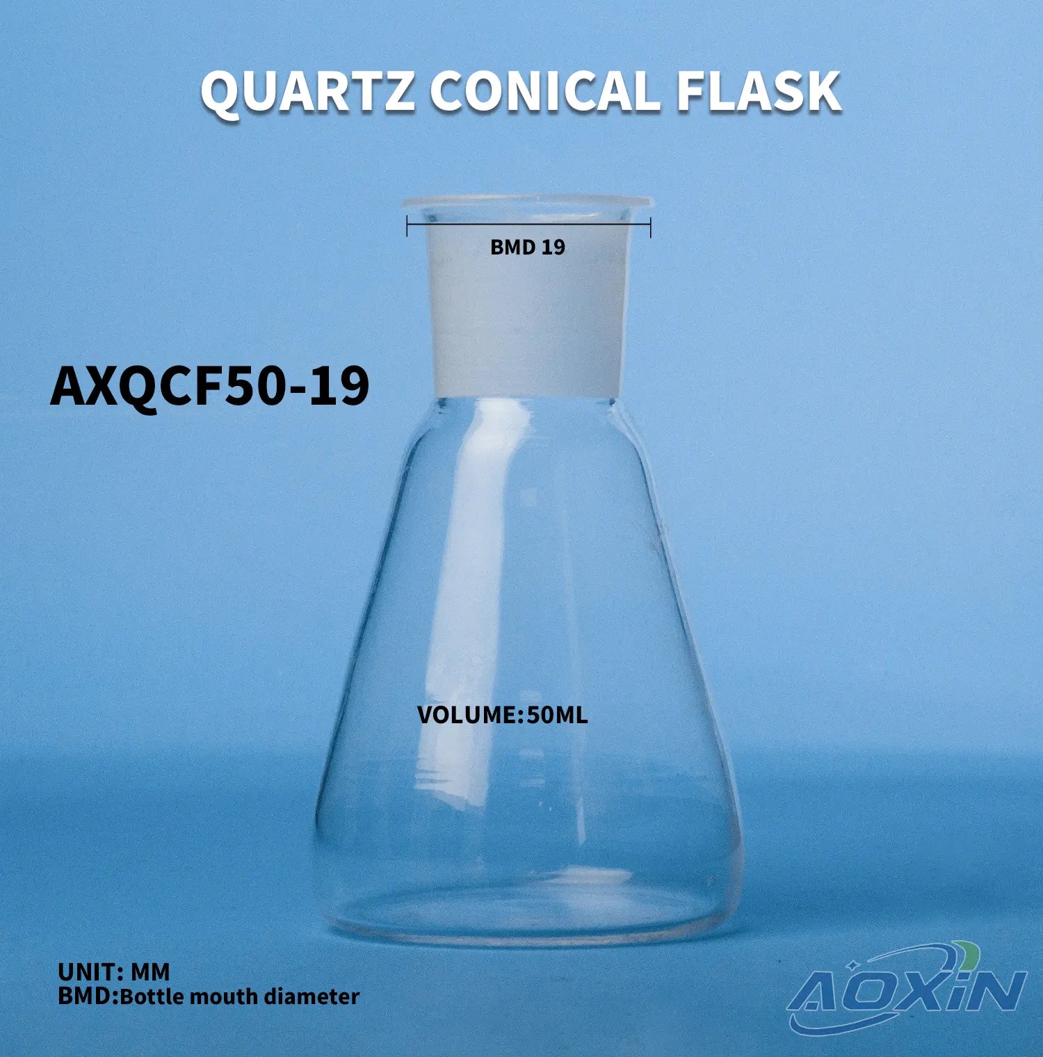 50ml (ND 19mm x BD 45mm x H 83mm)#19-Quartz conical flask 