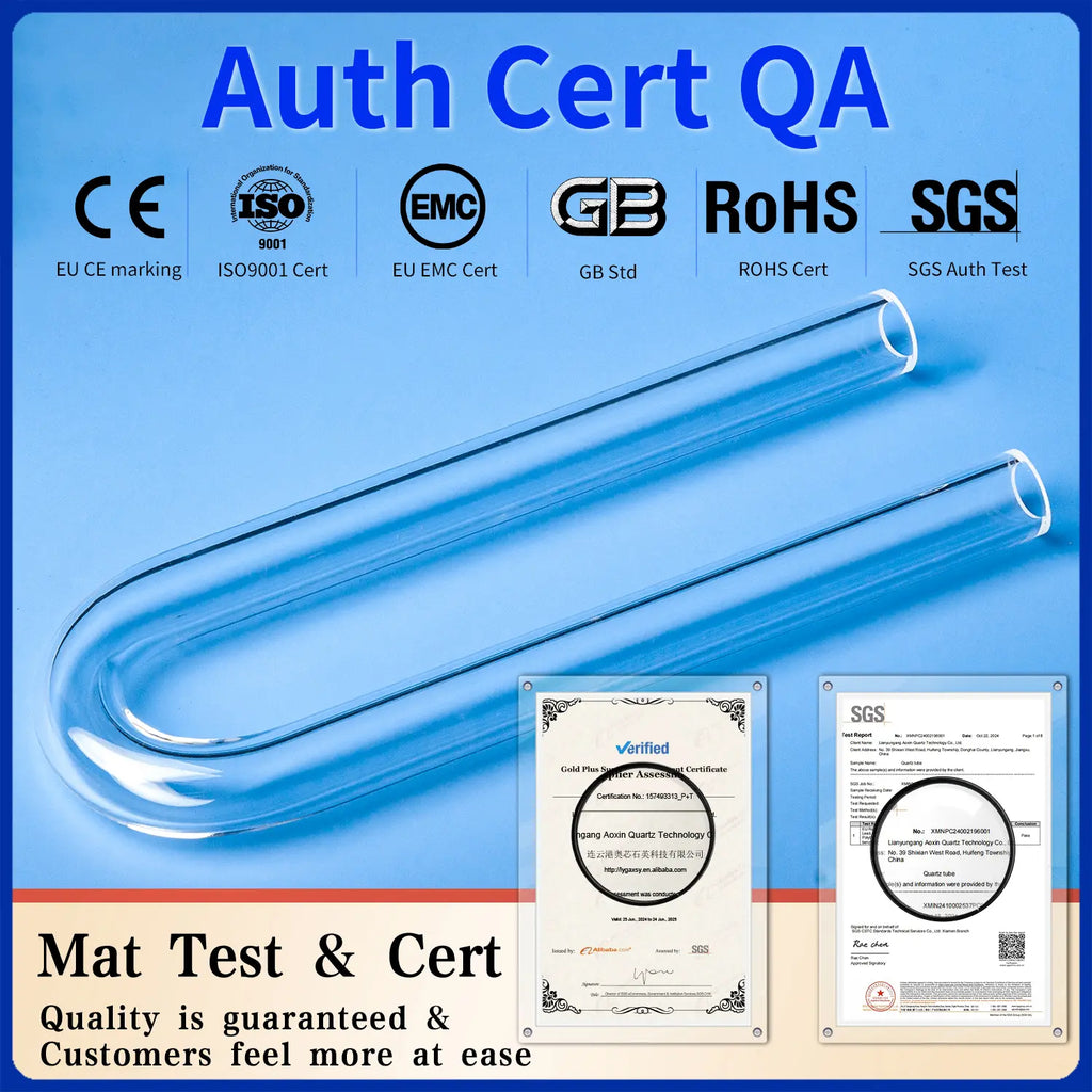 A clear quartz U-shaped drying tube displayed with quality certifications including CE, ISO9001, EMC, GB, RoHS, and SGS, assuring material test and quality control.