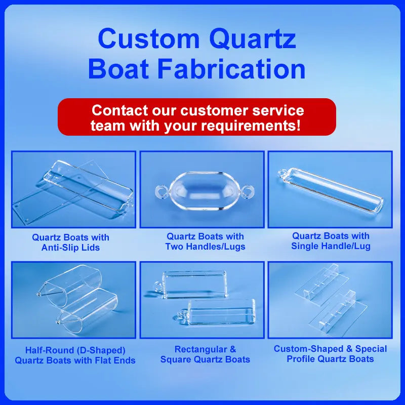 A collage showing various custom quartz boat designs, including those with anti-slip lids, two handles, single handles, half-round shapes, rectangular, square, and custom profiles.