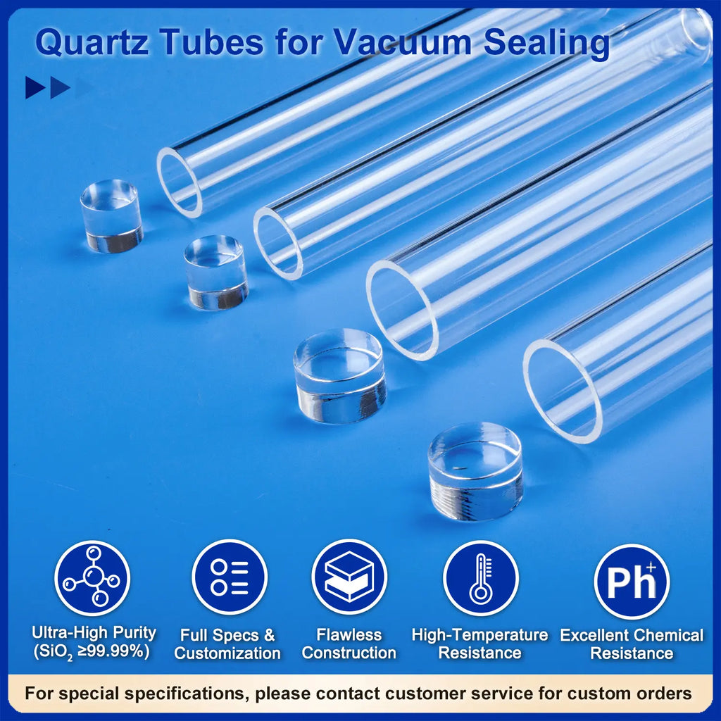 A collection of various clear quartz tubes for vacuum sealing, showcasing ultra-high purity, flawless construction, high-temperature resistance, and excellent chemical resistance.