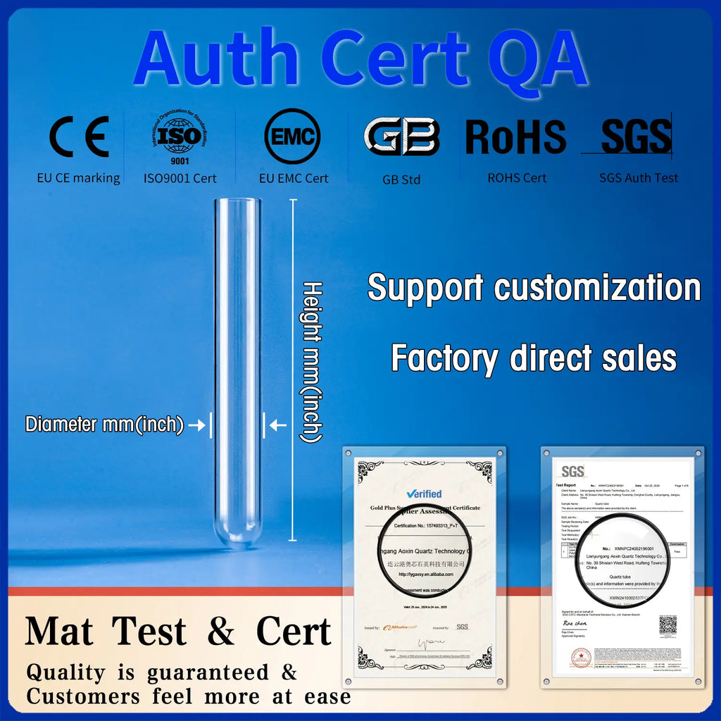 A quartz test tube shown alongside various certifications (CE, ISO 9001, EMC, GB Std, RoHS, SGS Auth Test), indicating support for customization, factory direct sales, and material testing & certification for quality assurance.