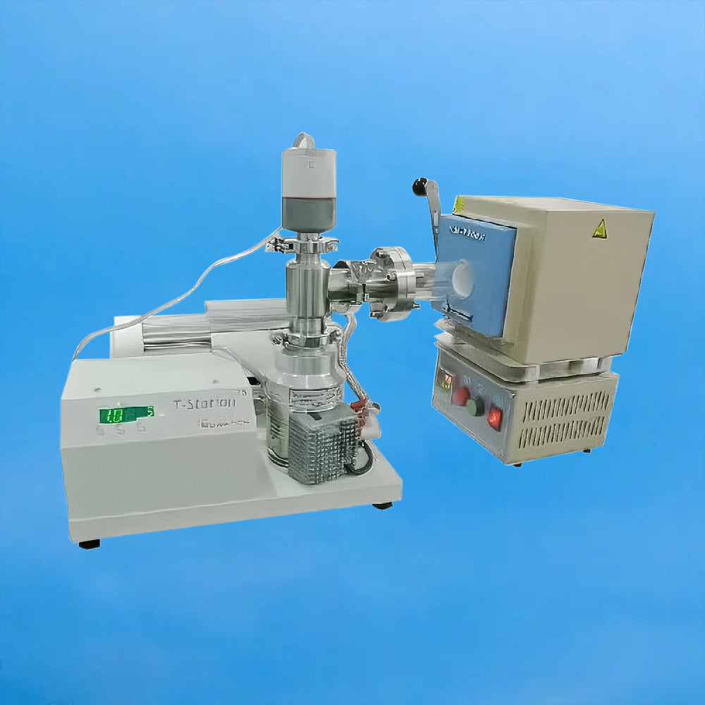 An assembled laboratory setup demonstrating a flanged quartz tube integrated with a vacuum pump station and a tube furnace for high-temperature experiments
