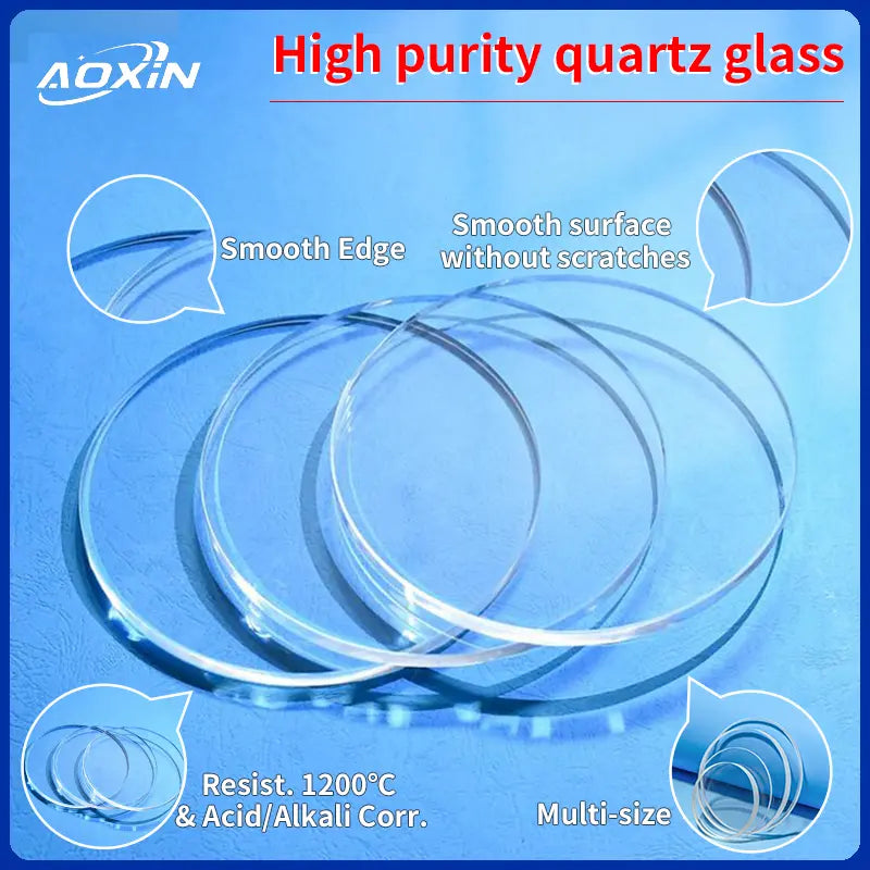 Aoxin high-purity quartz glass discs, highlighting smooth edges, scratch-free surfaces, 1200°C and acid/alkali corrosion resistance, and multi-size availability.