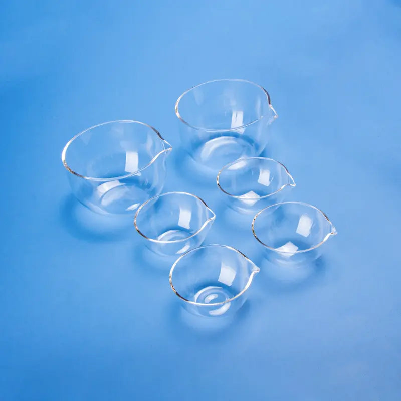 Assortment of clear quartz evaporating dishes in various sizes, each featuring a pouring spout, displayed on a light blue background.