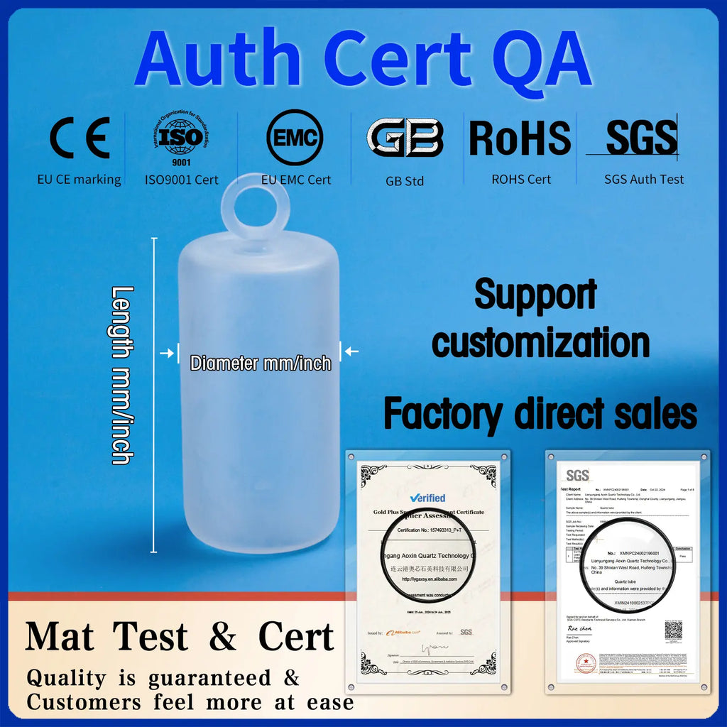 Certifications (CE, ISO9001, EMC, GB, RoHS, SGS) for AXQUARTZ quartz furnace plugs, with dimensions, customization support, and factory direct sales.