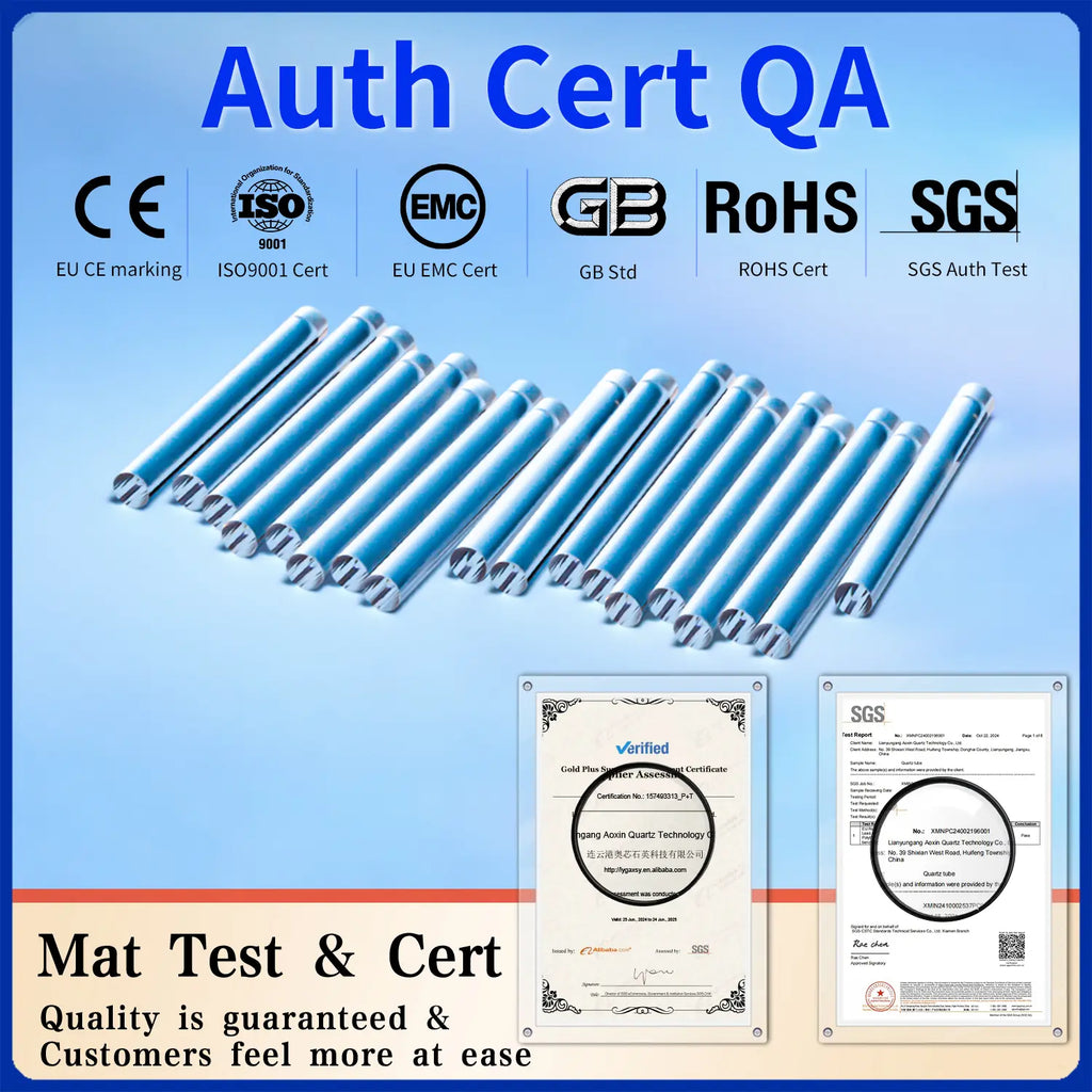 Certifications (CE, ISO9001, EMC, GB, RoHS, SGS) for AXQUARTZ quartz rods, displayed with certificates and a row of rods in the background.
