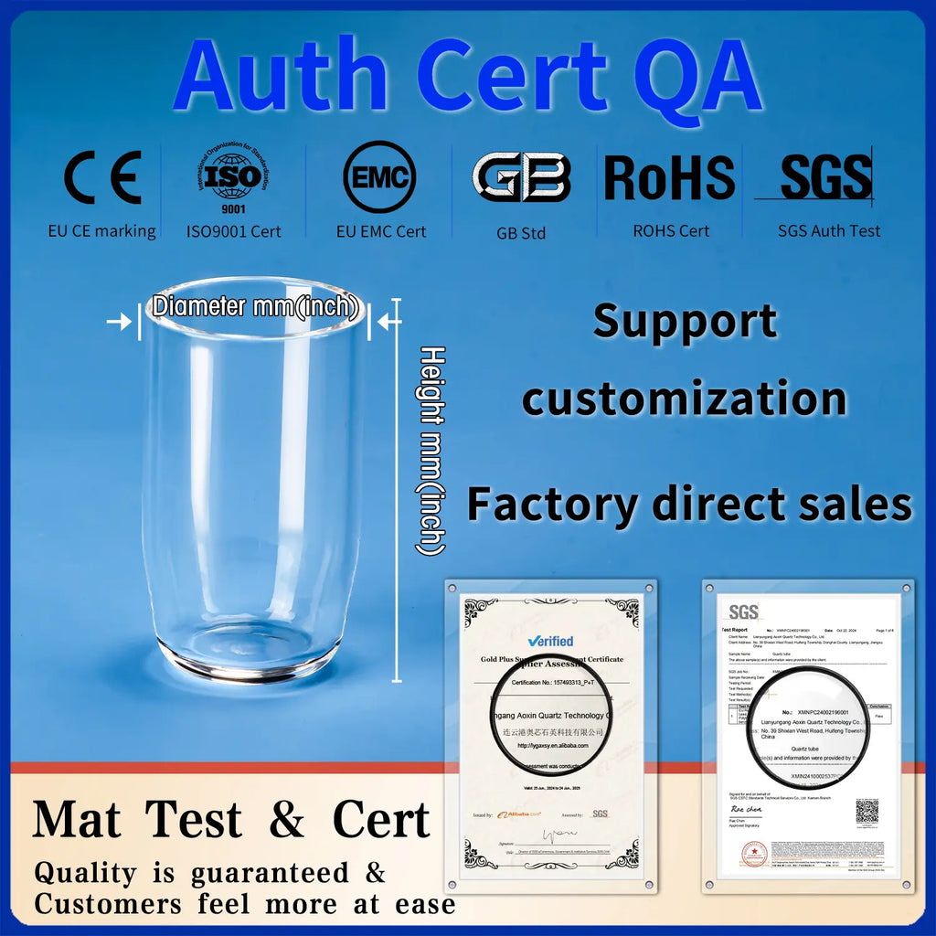 Certifications (CE, ISO9001, EMC, GB, RoHS, SGS) for quartz glass crucibles, displayed with a single crucible and supporting documentation.