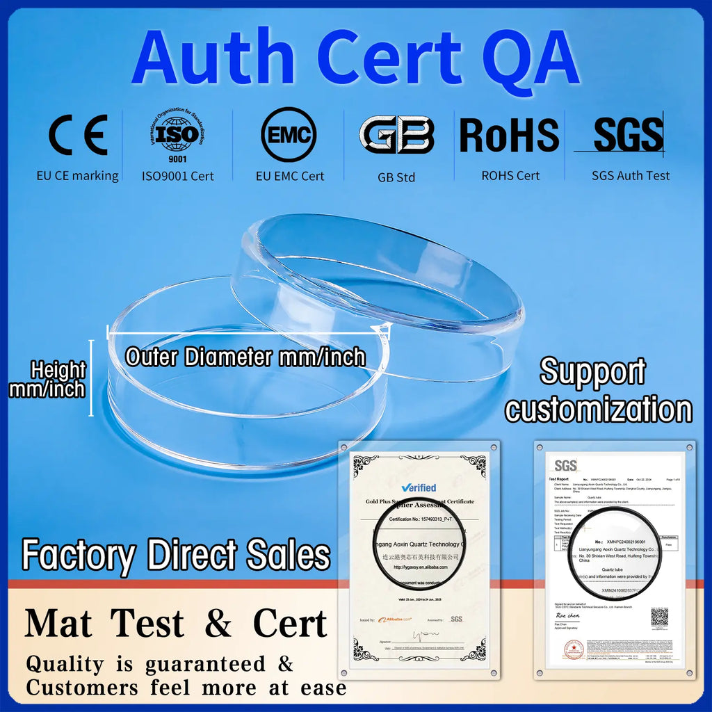Certifications (CE, ISO9001, EMC, GB, RoHS, SGS) for quartz petri dishes, with size dimensions and information on customization support and factory direct sales.