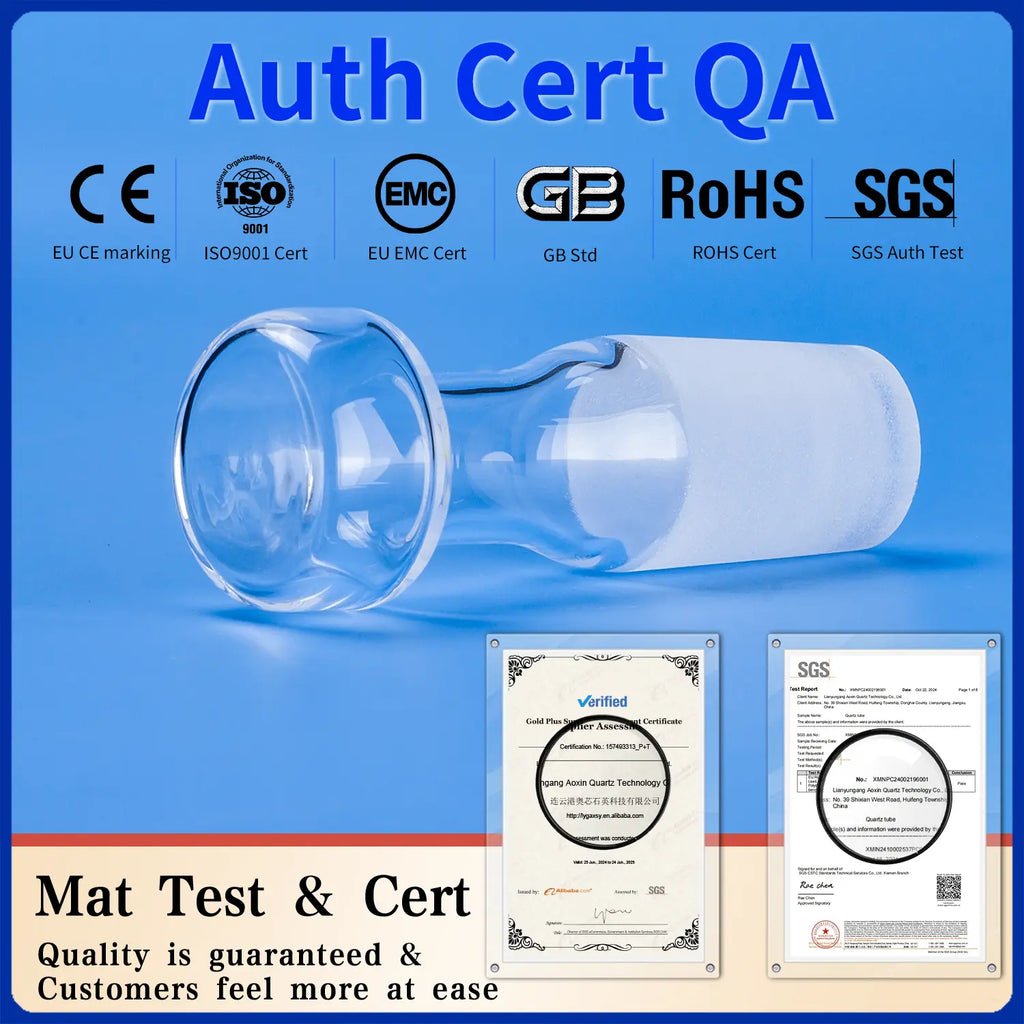 Certifications for quartz glass products including CE, ISO9001, EMC, GB, RoHS, and SGS, displayed with corresponding test certificates.
