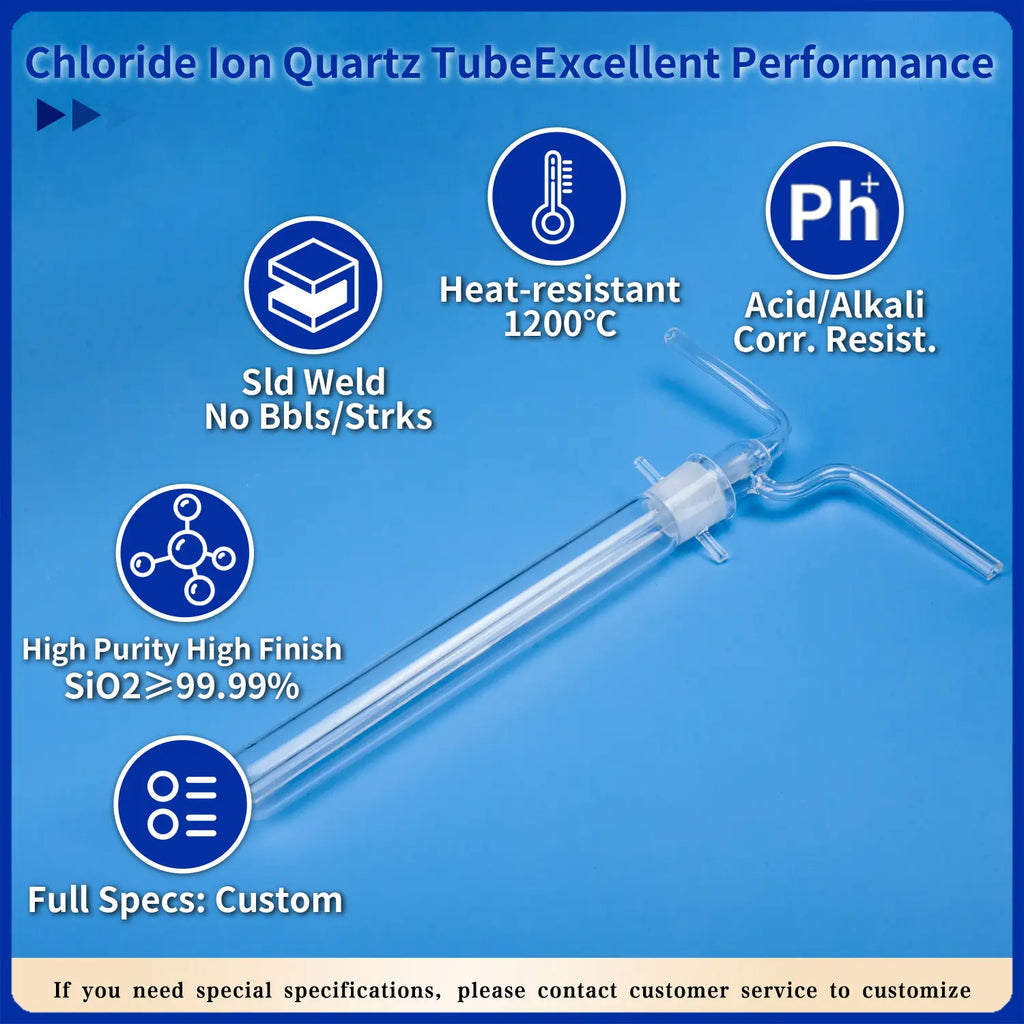 Chloride ion quartz tube highlighting excellent performance features: solid weld, 1200°C heat resistance, acid/alkali corrosion resistance, high purity (SiO2 ≥ 99.99%), and custom specifications.