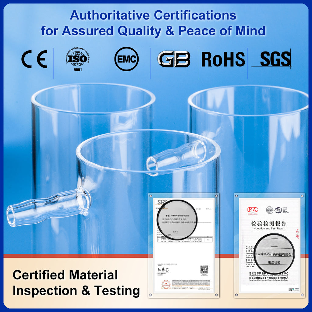 Clear quartz beakers with side arms, showing authoritative certifications for assured quality and peace of mind, including CE, ISO, EMC, GB, RoHS, and SGS, confirming certified material inspection and testing