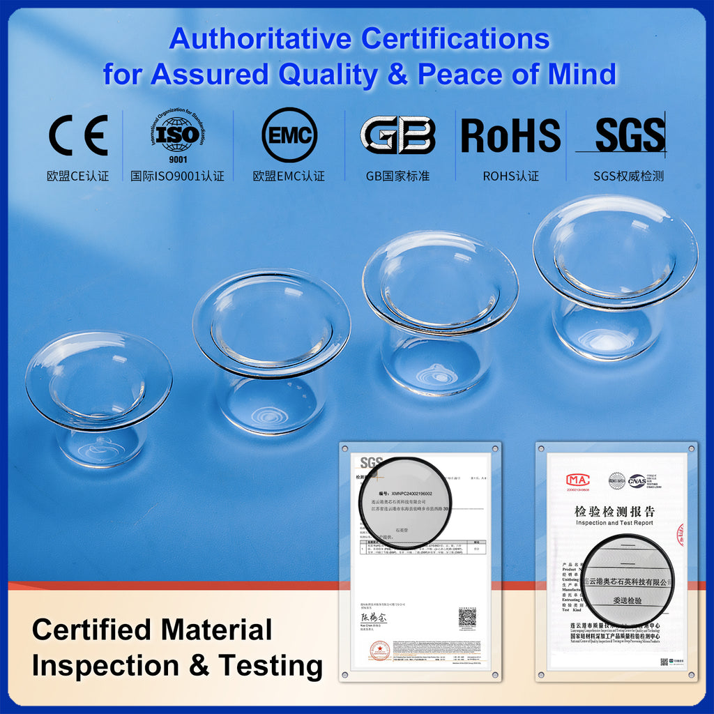 Clear quartz crucibles/evaporating dishes with authoritative certifications for assured quality and peace of mind, including CE, ISO9001, EMC, GB, RoHS, and SGS, confirming certified material inspection and testing.