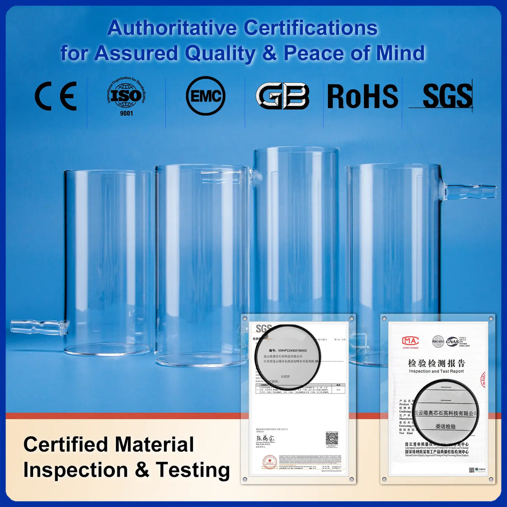 Clear quartz cylindrical crucibles/beakers with authoritative certifications for assured quality and peace of mind, including CE, ISO, EMC, GB, RoHS, and SGS, confirming certified material inspection and testing.