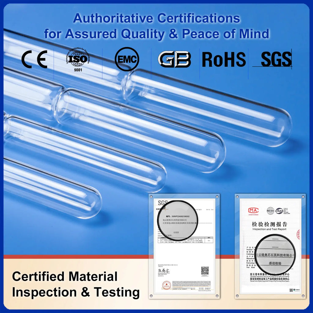Clear quartz tubes for vacuum sealing with authoritative certifications for assured quality and peace of mind, including CE, ISO9001, EMC, GB, RoHS, and SGS.