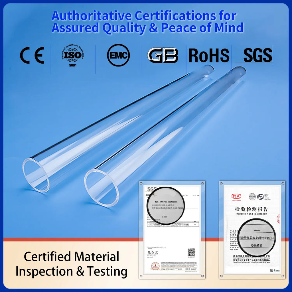 Clear quartz tubes with authoritative certifications for assured quality, including CE, ISO9001, EMC, GB, RoHS, and SGS test reports for certified material inspection and testing.