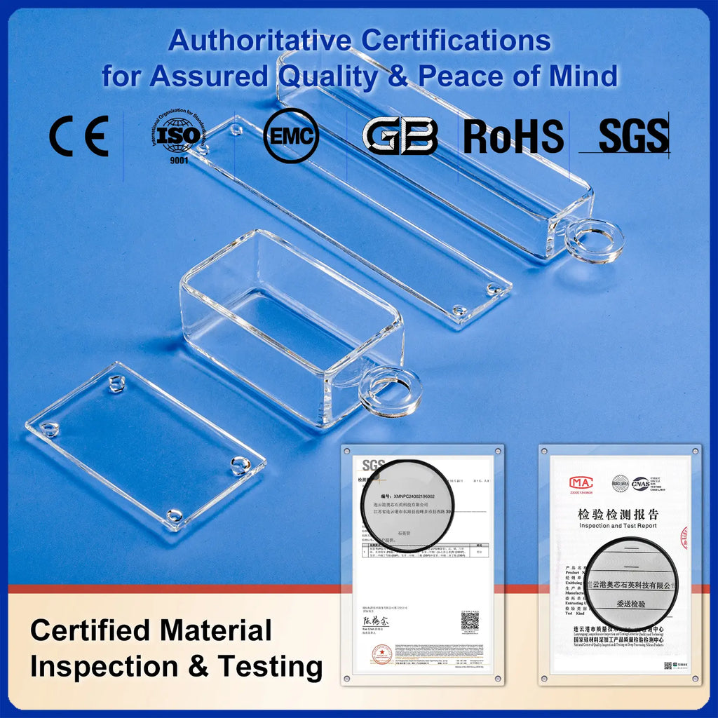 Close-up of authoritative certifications for quartz boat material inspection and testing, including SGS and Chinese laboratory reports.