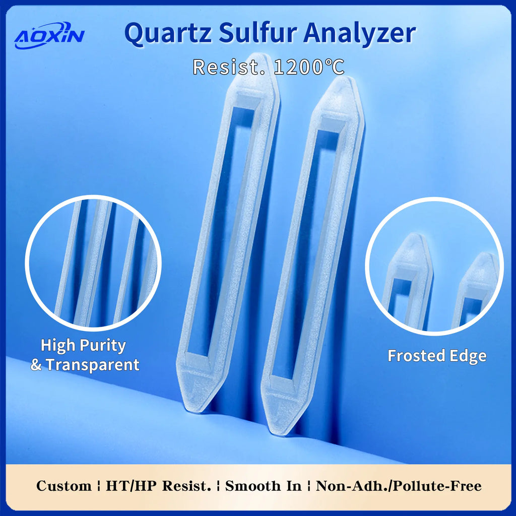 Close-up of quartz sulfur analyzer boats highlighting high purity & transparent material, along with frosted edges for enhanced grip or specific application needs
