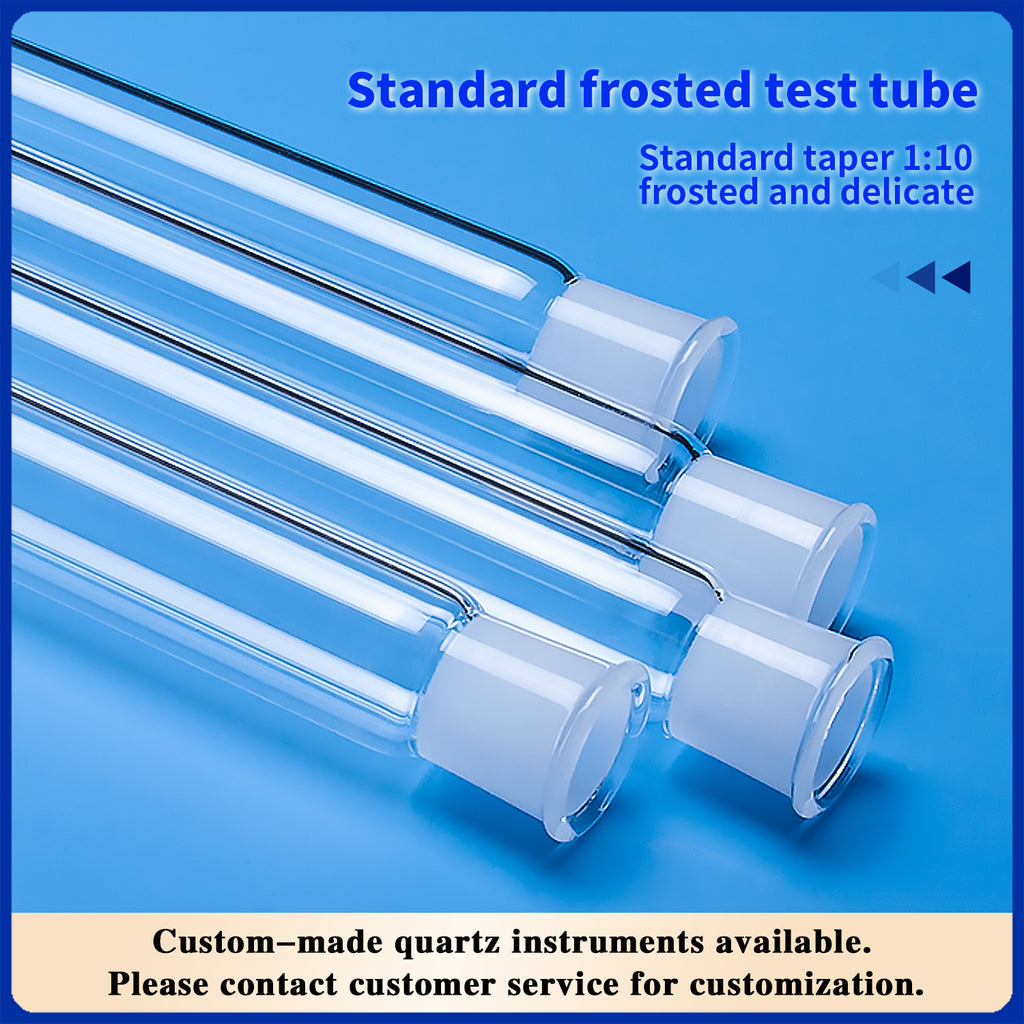 Close-up of the frosted necks of quartz test tubes, highlighting standard taper and custom instrument availability.