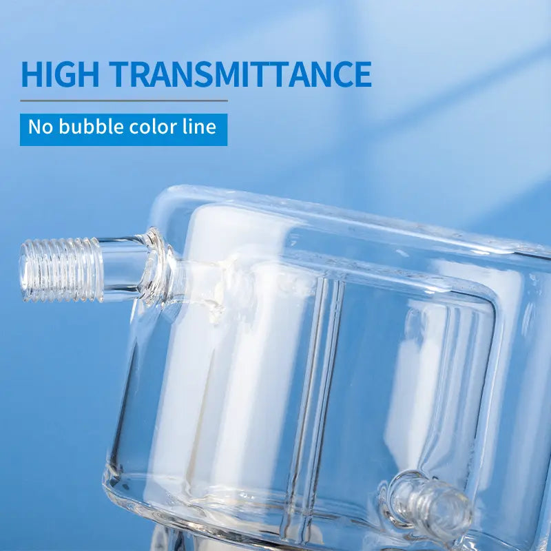 Close-up of the quartz photocatalytic reactor ports, with text overlay "COMPLETE SIZE support customization