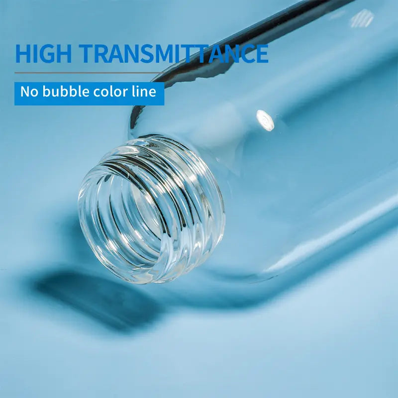Close-up of the threaded mouth of a clear quartz bottle, emphasizing its high transmittance and "no bubble color line" quality.