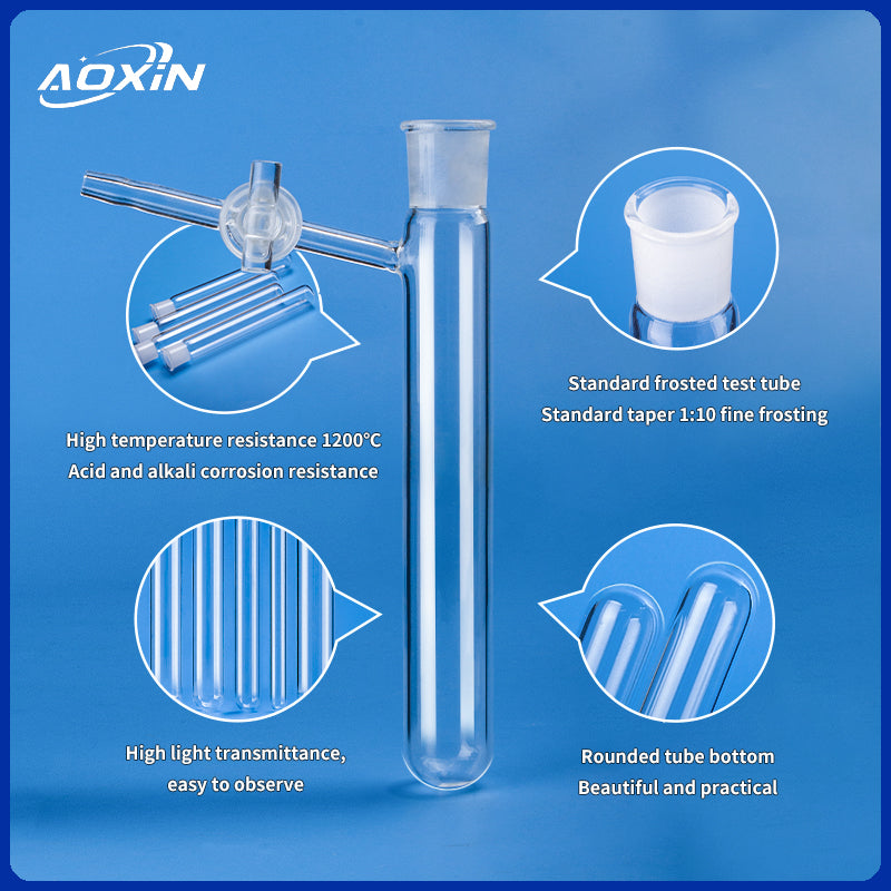  Close-up view of a quartz Schlenk tube highlighting its key features: high temperature resistance (up to 1200°C), high light transmittance, rounded tube bottom, and standard frosted joint.
