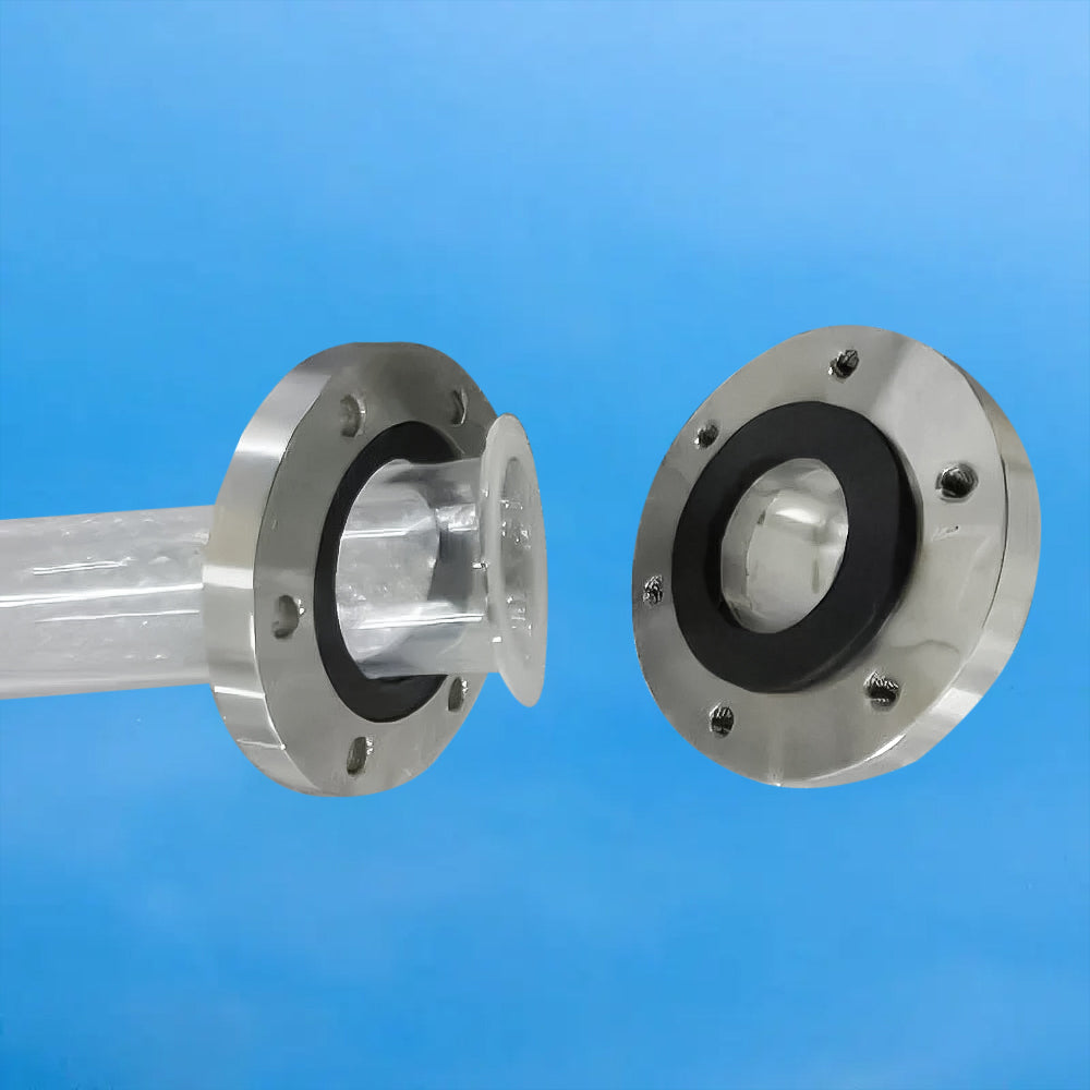 Close-up view of a quartz tube connection showing a translucent O-ring and a stainless steel flange, emphasizing a secure and sealed fit.