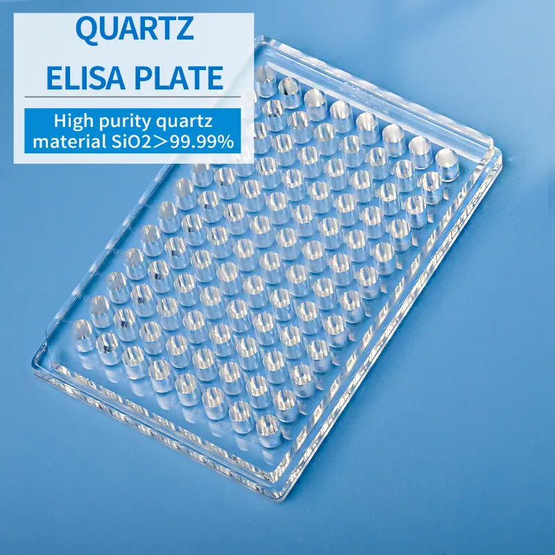Close-up view of the clear wells on a quartz 96 well plate, showing transparent material.
