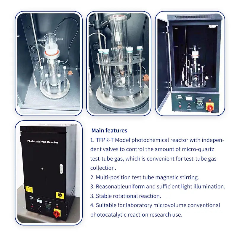 Collection of images showing complete photochemical reactor systems in black cabinets, alongside a diagram outlining key features like gas control valves and magnetic stirring