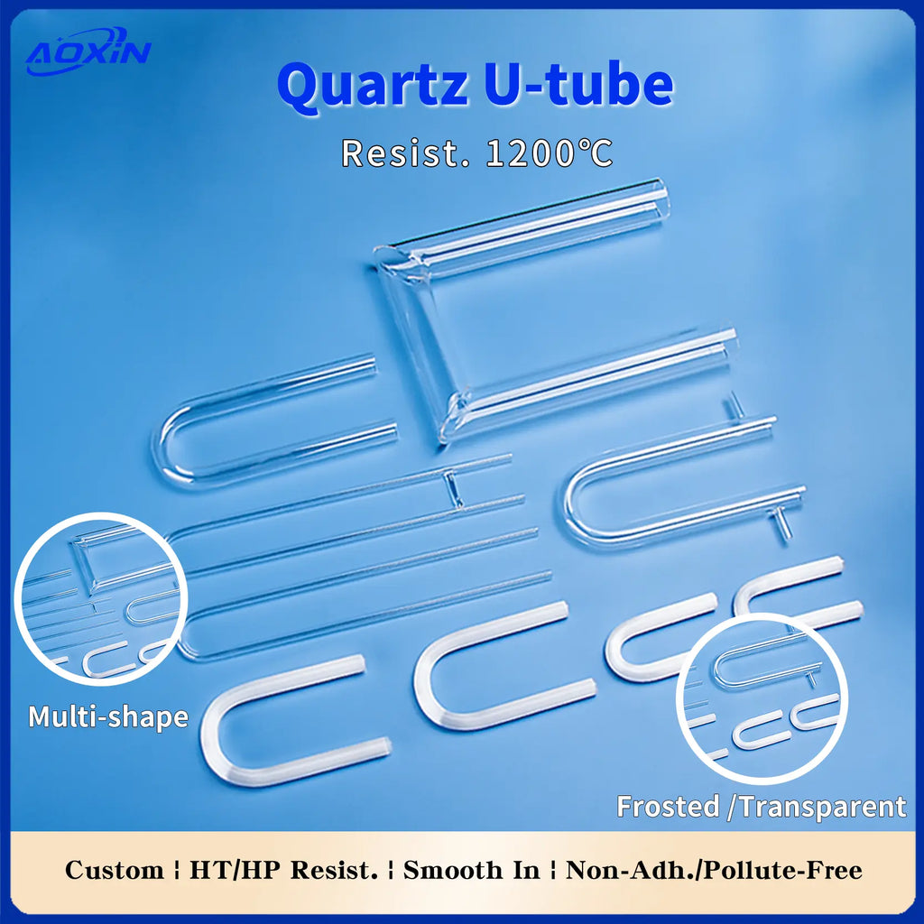  Collection of quartz U-tubes with multi-shape options, highlighting transparent and frosted finishes, resistant to 1200°C, and custom high-temperature/high-pressure resistance.