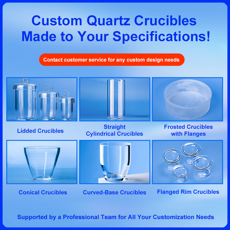 Custom quartz crucibles made to your specifications, showing various shapes: lidded, straight cylindrical, frosted with flanges, conical, curved-base, and flanged rim crucibles.