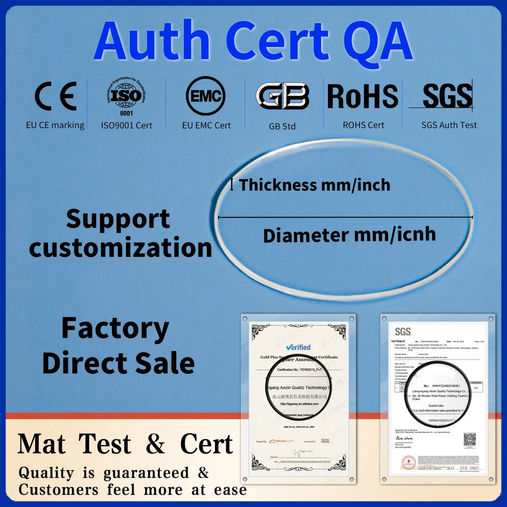 Custom quartz discs with precise diameter and thickness dimensions, supported by quality certifications (CE, ISO, EMC, GB, RoHS, SGS) and factory direct sale for assured quality.