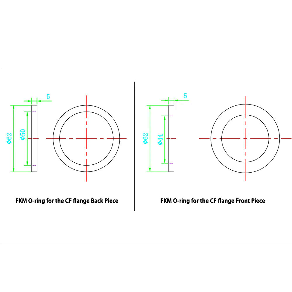 Detailed technical drawing illustrating the dimensions of two different FKM O-rings for CF flanges, specifying inner and outer diameters for front and back pieces.