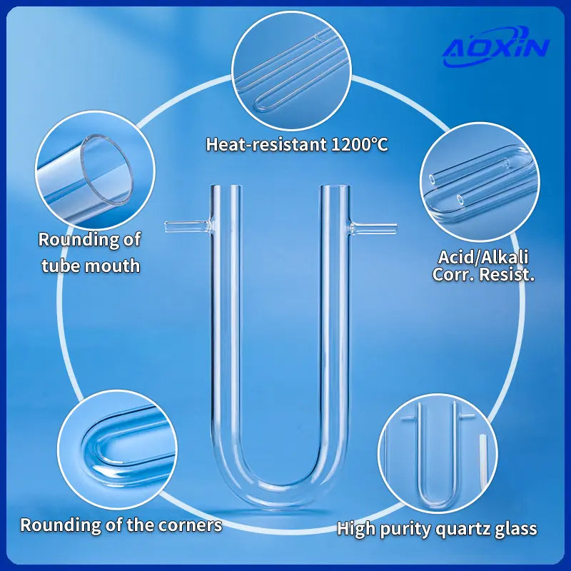 Detailed view of a quartz U-tube, illustrating key features such as rounding of tube mouth and corners, heat resistance to 1200°C, acid/alkali corrosion resistance, and high purity quartz glass.