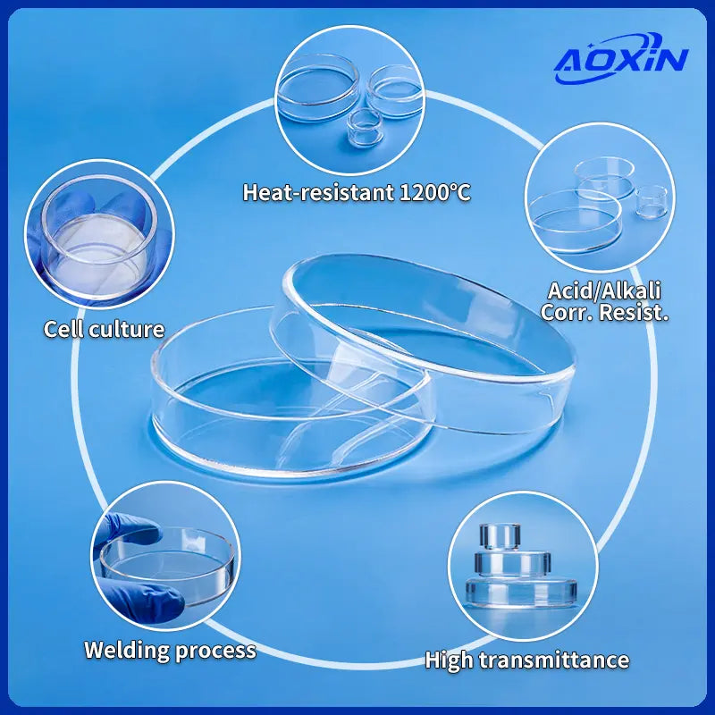 Diagram showing features of quartz petri dishes, including suitability for cell culture, 1200°C heat resistance, acid/alkali corrosion resistance, high transmittance, and welding process.