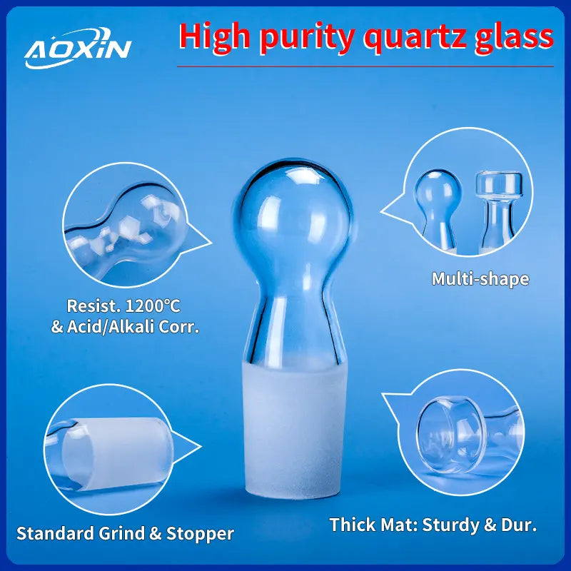 Diagram showing multi-shape quartz glass plugs, emphasizing resistance to 1200°C and acid/alkali corrosion, with standard grind and sturdy material