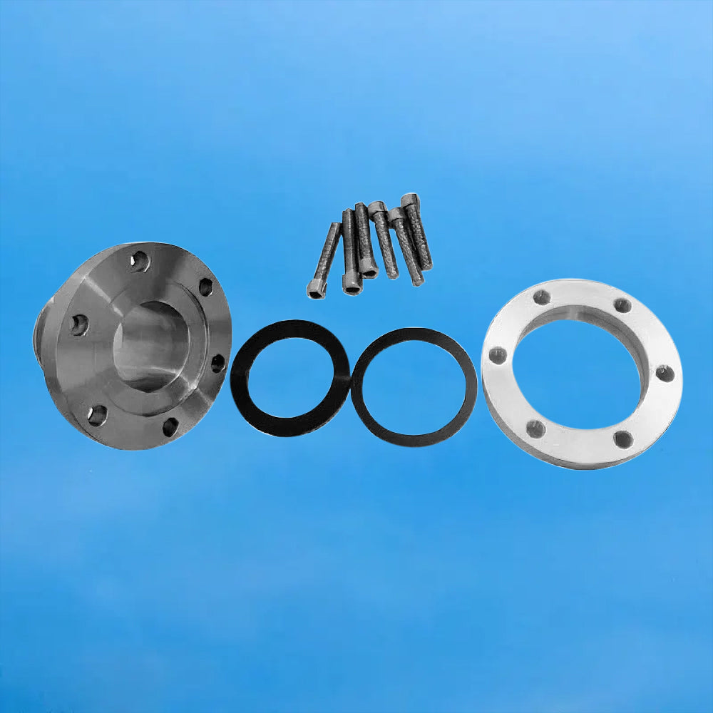 Disassembled components including stainless steel flanges, black FKM O-rings, and bolts, used for securing quartz tubes in vacuum systems