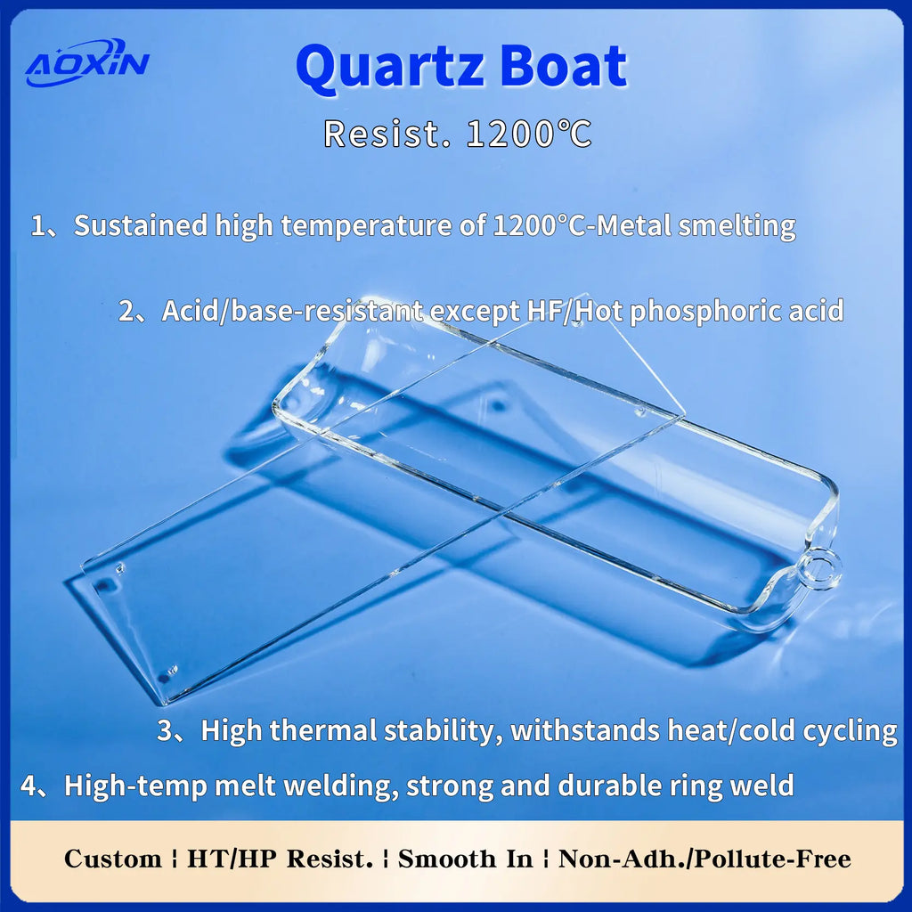  Durable quartz boat designed for metal smelting in tube furnaces, resisting 1200°C and acids, featuring high thermal stability and strong melt-welded construction for custom high-temperature processing.