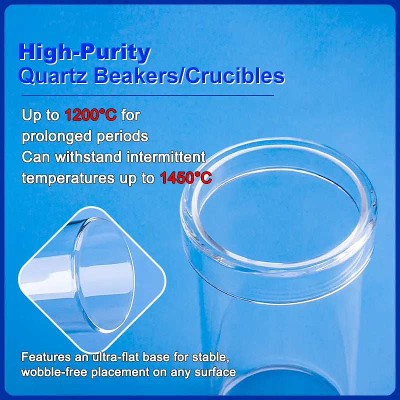High-purity quartz beakers/crucibles, noting they withstand up to 1200°C for prolonged periods and intermittent temperatures up to 1450°C, featuring an ultra-flat base for stable placement.