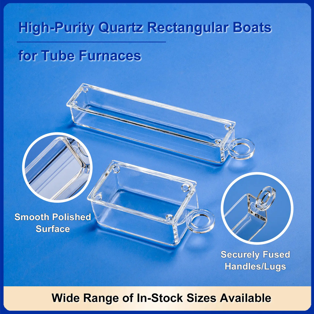 High-purity rectangular quartz boats for tube furnaces, highlighting smooth polished surfaces and securely fused handles/lugs.