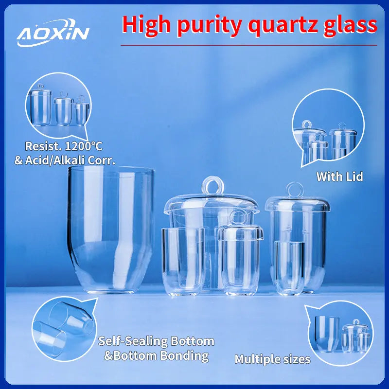 High purity quartz glass banner featuring multiple crucibles, some with lids, showcasing 1200°C resistance, acid/alkali corrosion resistance, self-sealing bottom, bottom bonding, and multiple sizes
