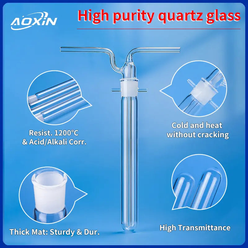 High purity quartz glass chloride ion tube showcasing resistance to 1200°C, acid/alkali corrosion, cold/heat without cracking, thick durable material, and high light transmittance.
