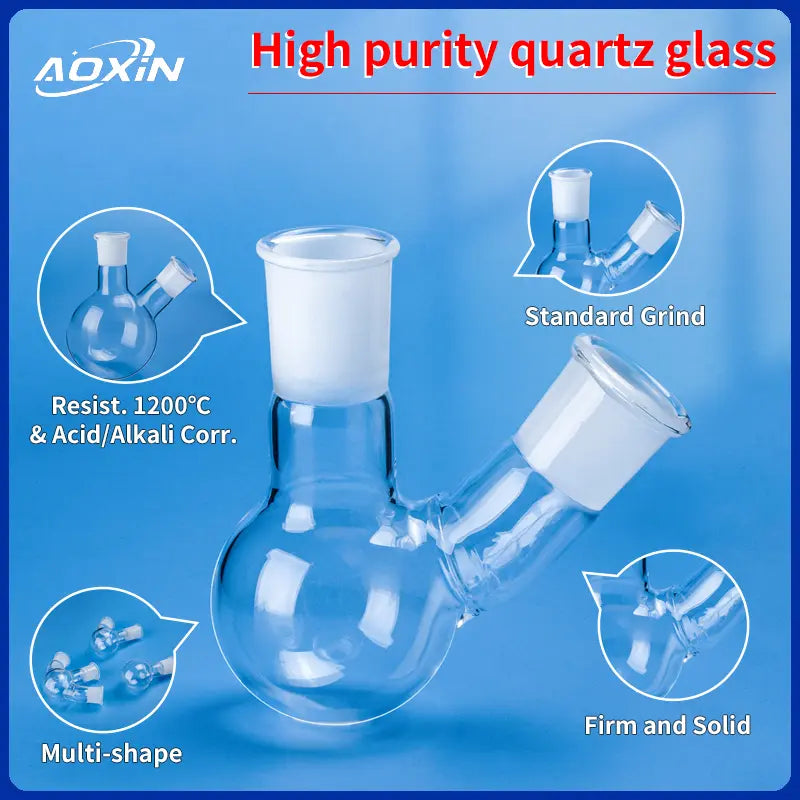 High purity quartz glass double necked flask highlighting 1200°C heat & acid/alkali corrosion resistance, standard grind joints, multi-shape availability, and firm/solid construction.