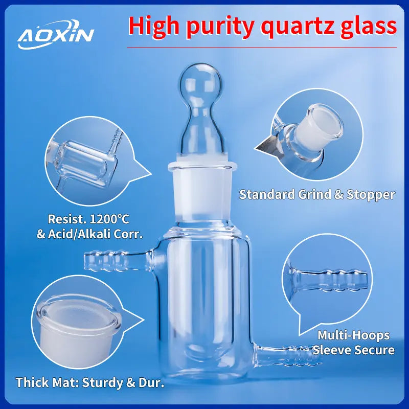 High purity quartz glass jacketed beaker featuring a standard grind and stopper, multi-hoops for secure sleeves, resistant to 1200°C, and acid/alkali corrosion.