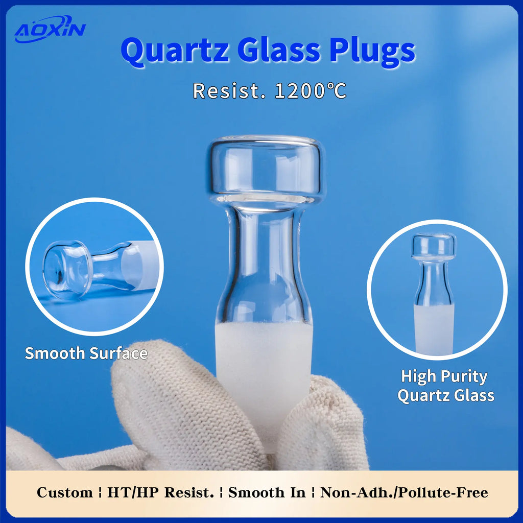High purity quartz glass plug held by a gloved hand, highlighting its smooth surface and resistance to 1200°C.