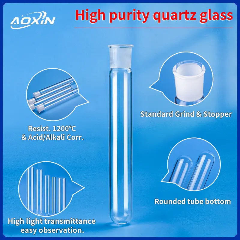 High purity quartz glass reaction tube highlighting 1200°C resistance, acid/alkali corrosion resistance, standard grind & stopper compatibility, rounded tube bottom, and high light transmittance for easy observation